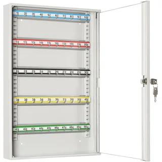 LEOMAR Schlüsselschrank, Schlüsselkasten mit 50 Haken, Schlüsselbox aus Stahlblech mit Glastüren, mit Verstellbaren Hakenleisten, Organizer zur Wandbefestigung, Abschließbar, 6 x 35 x 52 cm