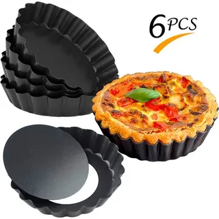 PRECORN Mini Tarteform Set 6 Stück, 10 cm Antihaft Tartelette Förmchen m. Hebeboden, Kohlenstoffstahl Backformen für Tartes & Pies inkl. Silikon...