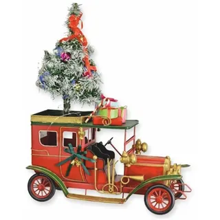 Casa Padrino Deko Blech Weihnachts Oldtimer Auto Rot / Grün / Gold H. 46,6 cm - Weihnachts Dekoration