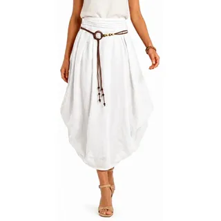 dy_mode Ballonrock Damen Leinenrock Midi Ballonrock Sommerrock Midirock in Unifarbe, mit Teil-Gummibund, Variabler 2-in-1 Look weiß