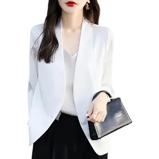 LCDIUDIU Damenblazer Aus Glattem Satin, Kragenlos, 3/4 Ärmel, Einreihig, Leicht, Eleganter Business Casual Satin Blazer für Den Sommer, Weiß, Größe L. - L
