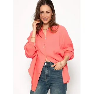 SASSYCLASSY Longbluse Oversize Musselin Bluse Damen kurz Langarm Elegant Hemdbluse lang aus Baumwolle mit V-Ausschnitt, One Size (Gr. 36-48) weiß