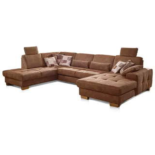 CAVADORE Wohnlandschaft Puccino mit Federkern, verstellbarer Rückenlehne und 2 Kopfstützen / Sofalandschaft in U-Form im Landhaus-Design / 340 x 86 x 224 cm / Mikrofaser hellbraun