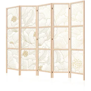 LUMASOUL Japanische Trennwand Paravent Raumteiler 225x172 cm Blumen | 5 teilig Dekorativ Shoji-Stil faltbar freistehend als Sichtschutz für Wohnräume Blumenmuster gold beige Pfingstrose Vintage