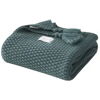 Wohndecke Kuscheldecke Gestrickte Strickdecke,Sofadecke,Tagesdecke, BTTO, Quasten,Weich,Warm,für Bett Sofa und Couch blau 130 cm x 170 cm