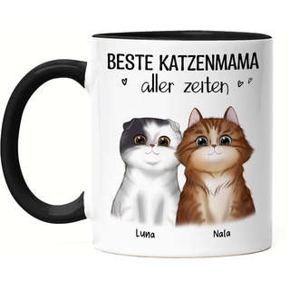Kiddle-Design Katzenbesitzer Tasse Schwarz Personalisiert Geschenk Katzenmama Katzenliebhaber Katzenmotiv Spruch Name Katzenfreund Haustier 2 Katzen