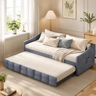 Multifunktionales Schlafsofa, ausziehbar 90/180 x 200 cm, Ausziehbar 2-Sitzer-Sofa mit Schlaffunktion & Lattenrost, samtbezogen, ideal für Wohnzimmer und Gästezimmer, ohne Matratze(Typ C+ Grau)