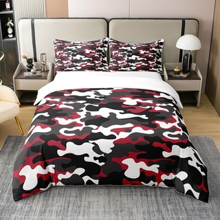 100% Bio Baumwolle Jungen Camo Bettbezug 135x200,Schwarz Rot Weiß Armee Camouflage Bettwäsche Set für Jugend,Abstrakte Kunst Camouflage Design Tröster Abdeckung,Militärstil Bett Set mit1 Kissenbezug