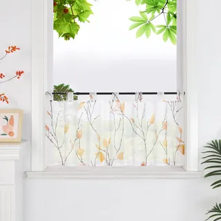 HeichkelL Scheibengardine, Bistrogardine mit Blätter, Orange HxB 30x120 cm | Transparente Gardine Kurzstores Bedruckt Scheibenvorhang mit Schlaufen