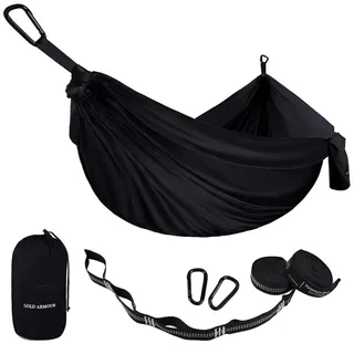 Gold Armour Camping-Hängematte - Einzelfallschirm-Hängematte (2 Baumgurte, 10 Schlaufen / 20 Fuß inklusive) Leichte tragbare Nylon-Kinder für Erwachsene (schwarz)