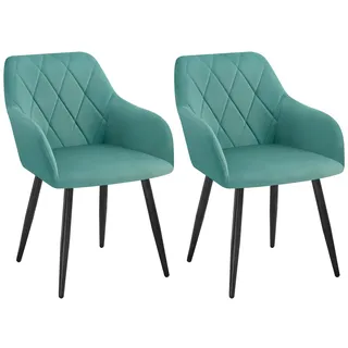 WOLTU 2er Set Esszimmerstühle mit Armlehne Rückenlehne, für Esszimmer Wohnzimmer Küche, Bequeme Küchenstühle gepolstert mit Samtbezug, Metallbeinen, Türkis