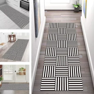 Teppich Läufer Lang Flur Küche Teppichläufer Rutschfest Waschbar Küchenläufer Teppichmatten Schwarz Weiß Schmutzfangmatte 50X200CM Meterware Flurteppich Wohnzimmer Schlafzimmer Küchenteppich