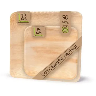 BIOZOYG 2x 25 Stück Palmblatt Teller 23x23cm / 15x15cm zwei Größen biologisch abbaubar Einwegteller Palmblattgeschirr, nachhaltiges Partygeschirr