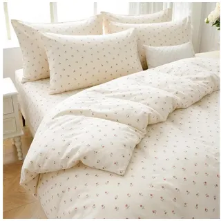 Freyamy Bettwäsche-Set Blumen Mikrofaser Cremeweiß/Rosa 220 x 240 cm + 80 x 80 cm
