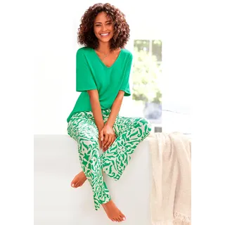 Pyjama S.OLIVER Gr. 44/46, grün (grün, ecru gemustert) Damen Homewear-Sets Pyjamas mit floralem Ethno-Muster