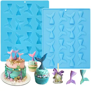 Sakolla Meerjungfrauenschwanz-Formen, Meerjungfrauen-Formen für Schokolade, Kuchendekoration, Süßigkeiten, Cupcakes, Harz, Gummibärchen (blau), 2 Stück