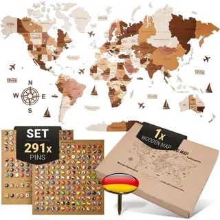 WOW WOOD Premium Wanddeko 3D Weltkarte Holz in Deutsch mit Pins | Werkzeuglose Wandmontage | Eine Geschenkidee für jede Gelegenheit | Wand deko Holz für Wohn- und Büro Deko (Holzfarbe, 120x62 cms)