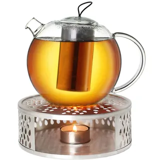 Creano Teekanne aus Glas 2,0l Jumbo + ein Stövchen aus Edelstahl, 3-teilige Glasteekanne mit integriertem Edelstahl Sieb und Glasdeckel, ideal zur Zubereitung von losen Tees, tropffrei