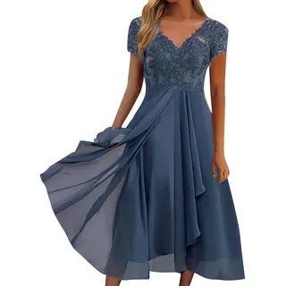 Sommerkleid Damen V-Ausschnitt Abendkleid Lang Kleid Elegant Chiffon Spitze Swing Cocktailkleid Lässig Festliche Kleider für Frauen Hochzeitsgast Abendkleider Brautjungfernkleider Partykleid