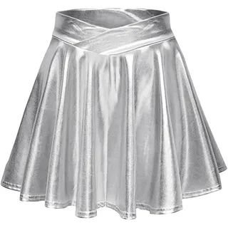 Metallischer Faltenrock Damen Mini Skater Rock PU Lederrock Sexy Hohe Taille A-Linie Silber Rock Karneval Metallic Y2K Tennisrock Tanzrock Rave Party Club Kostüme