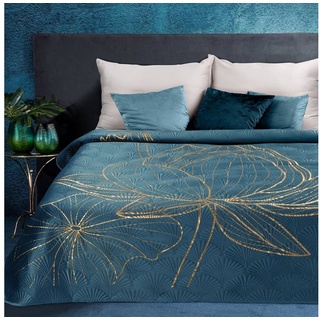 Tagesdecke Bettüberwurf aus Samt mit goldenem Lotusblumendruck, Eurofirany, Größe 220x240 oder 170x210,Marineblau gold, Schwarz oder Weiß gold grün 170 cm x 210 cm