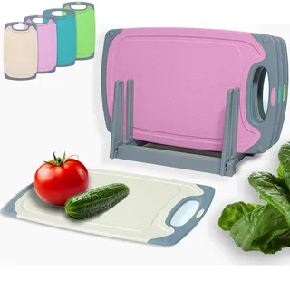 KPYTO Frühstücksbrettchen Set, 4 Brettchen in 4 Farben mit Ständer 24x14 cm spülmaschinenfest beidseitig rutschfest mit Saftrille und Griff Schneidebrettchen Kunststoff klein antibakteriell