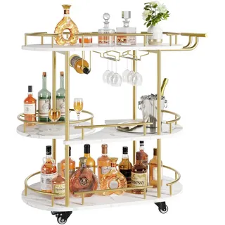 GarveeMore Küchenwagen 3-stöckiger Barwagen mit Rädern und Griff,Drehbarer Gold Servierwagen, Barwagenmit Weinregal und Glashalter für Küche, Wohnzimmer, Esszimmer