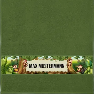 Manutextur Handtuch mit Namen - personalisiert - Motiv Affen - viele Farben & Motive - Dusch-Handtuch - dunkelgrün - Größe 50x100 cm - persönliches Geschenk mit Wunsch-Motiv und Wunsch-Name