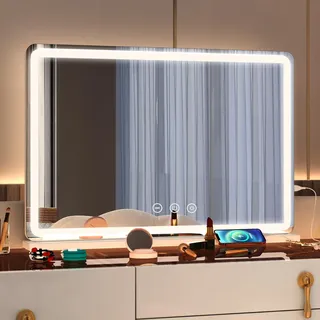 Puselo Hollywood Schminkspiegel mit LED-Beleuchtung, Dimmbarer Tischspiegel mit 3 Lichtfarben, Touch Control Kosmetikspiegel mit USB & 10X Vergrößerung, 80x55cm (Weiß)