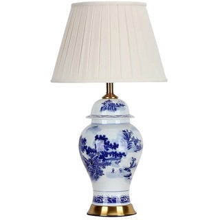 FAZRPIP Große chinesische orientalische Keramik-Porzellan-Tischlampe mit weißem Stoff-Lampenschirm Schlafzimmer-Nachttischlampe Blaue und weiße Porzellan-Schlafzimmer-Nachttischlampe Ginger Jar Lamp