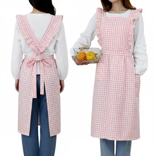 MiOYOOW Vintage Schürzen, Küchenschürze aus Baumwolle mit Karomuster, Rüschen und 2 Kleinen Taschen, Gartenschürze für Frauen zum Kochen, Backen, Grillen und für Cafés.