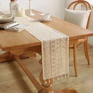 Lntyq Beigefarbener Makramee-tischläufer, 24 X 180 Cm, Vintage-spitzen-tischläufer Mit Quasten, Für Boho-hochzeiten, Tischdekoration Im Esszimmer