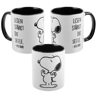 United Labels® Tasse The Peanuts Tasse Snoopy Lesen stärkt die Seele Schwarz Weiß 320 ml, Keramik weiß