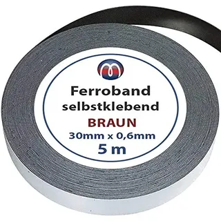 Ferroband Eisenband Selbstklebend Roh Braun 30 mm x 0,6 mm x 5 m Eisenfolie unbeschichtet mit Premium-Kleber - flexibles Haftgrund Haftband für Magnete - Selbstklebende Magnethaft-Wand-Leiste