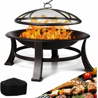 Tlgreen - Feuerkorb mit funkenschutz, Φ76cm Feuerschale mit grillrost, Retro-Look Feuerstelle, Feuerschalen für den Garten, bbq Feuerschale Grill,