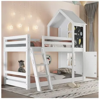 Merax Etagenbett mit kleiner Tür, Fenstern, Dach & Tafel (1-St., Jugendbett Doppelbett Stockbett Hochbett Hausbett), Kiefer Kinderbett 90x200cm mit dreistufiger Schrägleiter, Lattenrosten weiß