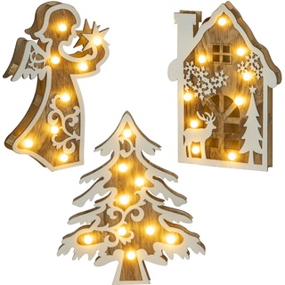 Weihnachtsdeko LED Figuren Holzdekoration Adventbeleuchtung Fensterdeko, Weihnachtsbaum Engel Haus, Holz Natur, 9x LED warmweiß, HxBxT 29,5x20x3 cm, 3er Set