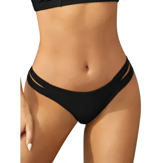 SHEKINI Damen Niedrige Taille Bikini Bottom Bademode Tanga Bikinihose Chic Aushöhlen Brazilian Bikini Slip (S,Schwarz) - S