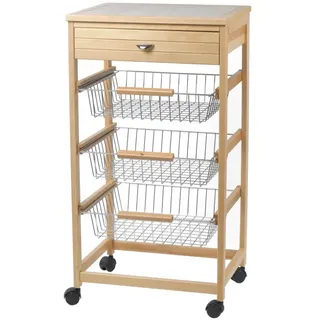 Mottiwood Küchenwagen aus Holz, Drehräder, Buchenholz, 3 Schubladen, platzsparend, Maße: L 45,5 x H 87,5 x T 36,5 cm