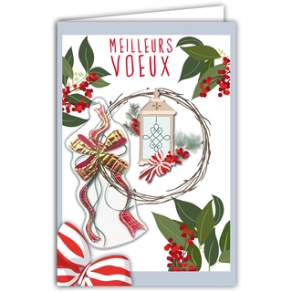 Afie 61-6014 Karte mit Umschlag und Collage in Relax Schleife, goldfarben, glänzend, Wünsche eines guten Jahres, mit Weihnachtskranz, Laterne mit roten Beeren, Nordisch, skandinavisch