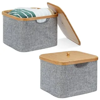 Relaxdays 2 x Aufbewahrungskorb Stoff, Bambus, Aufbewahrungsbox mit Deckel, Regalkorb, h x b x t: 25 x 33 x 33 cm, Stoffbox, grau