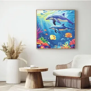 Malen nach Zahlen, Malen-nach-Zahlen-Set für Erwachsene, Delfin, Unterwasserwelt, Malen nach Zahlen für Anfänger, Acryl-Peinture a Numero, DIY-Ölgemälde, Kunst-Bastelsets für Wanddekoration – (45 x 45