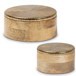 DRW Set mit 2 runden Schachteln aus Holz und Metall in Gold, 17 x 17 x 7 cm und 13 x 13 x 7 cm