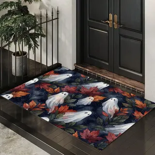 GDJSMIN Schmutzfangmatte Innen, Waschbarer Fussmatte | Geister- Herbstblätter, Halloween-Elemente Teppiche, Kurzflor rutschfest Weiche Eingangstürmatte Für Flur Küche, 40 x 60 cm, Orange Farbe