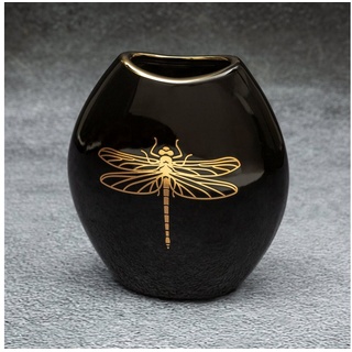 Eurofirany Dekovase Keramikvase mit goldenem Libellendruck, Blumenvase Größe 14 x 7 x 16 cm schwarz