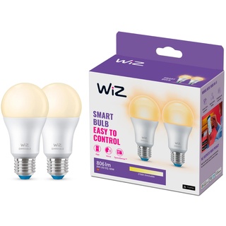 WiZ Warm White LED Lampen E27 2er Pack (806 lm), 60 W Lampen mit warmweißem dimmbarem Licht, smarte Lichtsteuerung über WLAN per Stimme/App