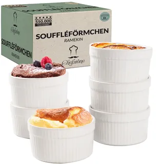 Chefarone® Soufflé Förmchen Backofenfest 6er Set - Creme Brulee Schälchen Keramik zum Backen und Anrichten - Feuerfeste Schale 200 ml - 6er Set weiß (9x4,5CM)