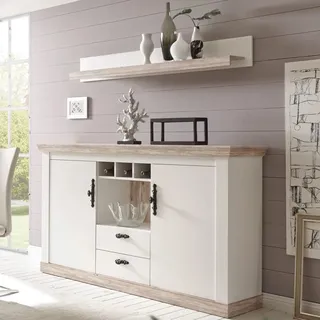 Lomadox Sideboard und Wandboard im Landhaus Stil in Pinie weiß, Absetzung in Oslo Pinie dunkel