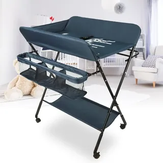 Wickelkommode Klappbar, Mobiler Wickeltisch, Babypflegetisch mit Sicherheitsgurt Ablagefächern, Tragbar Wickeltisch, Platzsparend & Stabil 80 * 66 * 98cm (Dunkelblau)