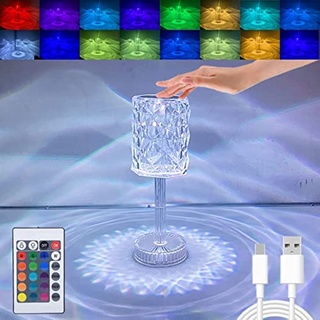LED Akku Tischlampe aus Kristall, Moderne Kabellose Nachttischlampe Touch Dimmbar mit Fernbedienung 16 Farben & 4 Modi, USB Aufladbar Acryl Tischle...